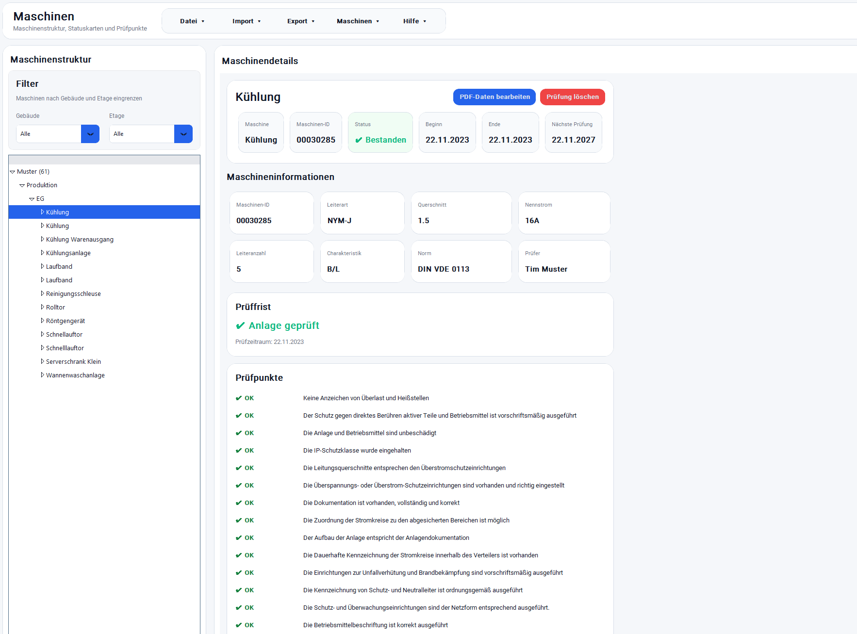 Software zur übersichtlichen Verwaltung von Maschinen und Prüfungen